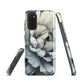Black and white floral phone case featuring a soft, moody peony design by New Zealand artist Ben Hart.