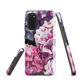 Designer phone case with pink and purple hydrangea floral artwork.