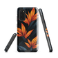 Phone case with bold orange bird of paradise flowers on dark background.