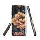 Phone case with vintage-style pink roses and bees on dark background, floral New Zealand artwork.