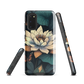 Phone case with ivory water lily, green leaves, and butterfly accents on dark background