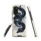 Phone case with black python and smoke design on cream background, serpent art by NZ artist Ben Hart.