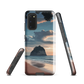 Phone case with Cathedral Cove beach and sunset scene, featuring soft skies and sea stack, by NZ artist Ben Hart.