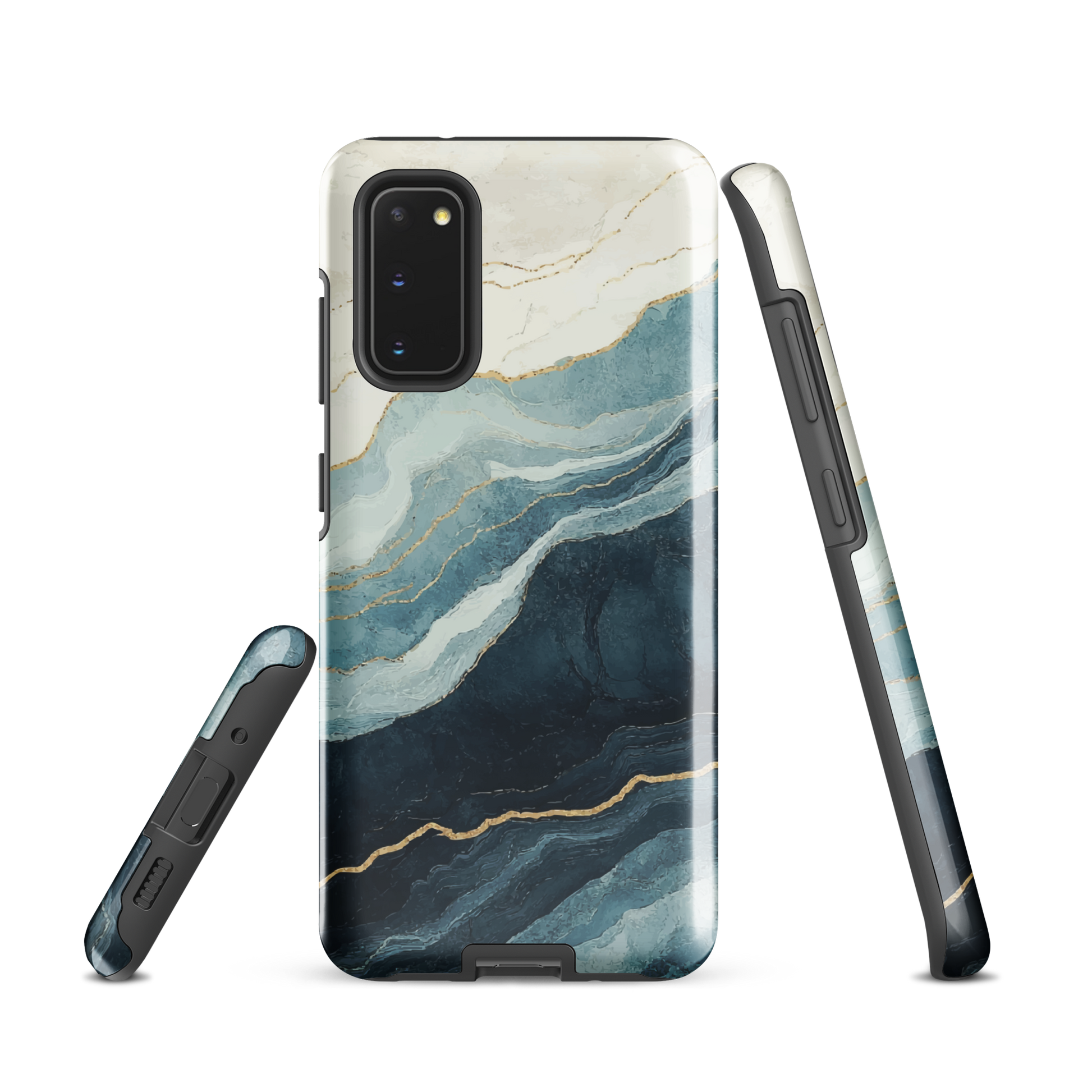 An elegant abstract phone case inspired by layered coastal forms in blue and teal tones.