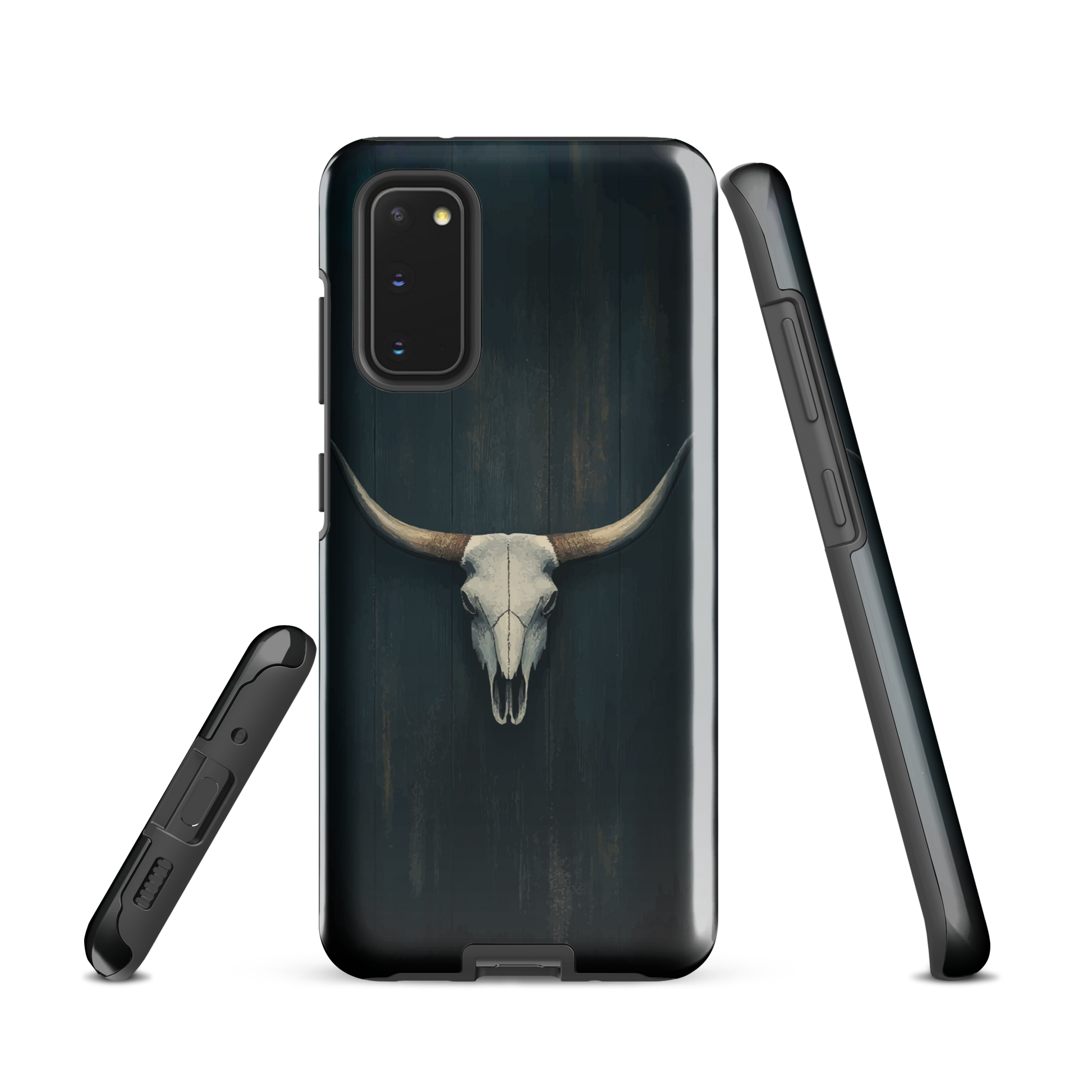 Longhorn skull set against a dark, textured backdrop - protective phone case.