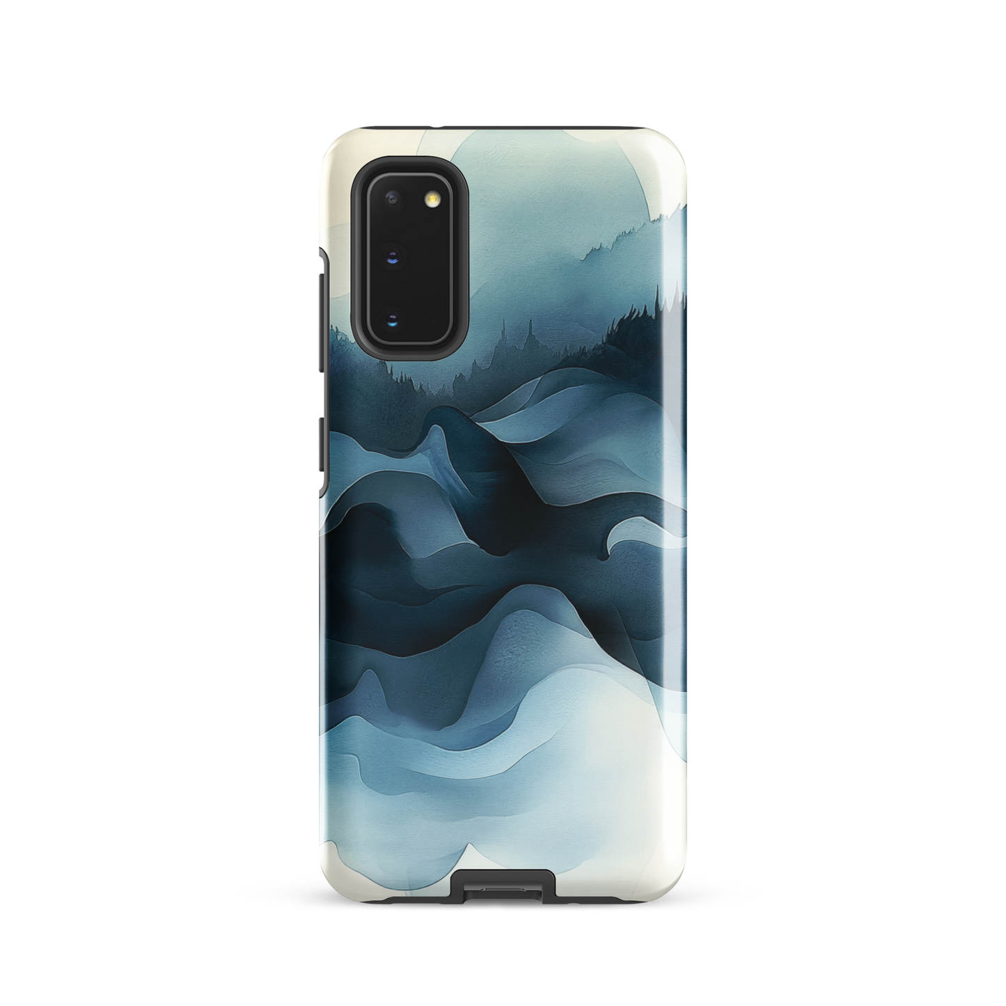 A calming abstract landscape phone case inspired by quiet valleys and soft blue tones.
