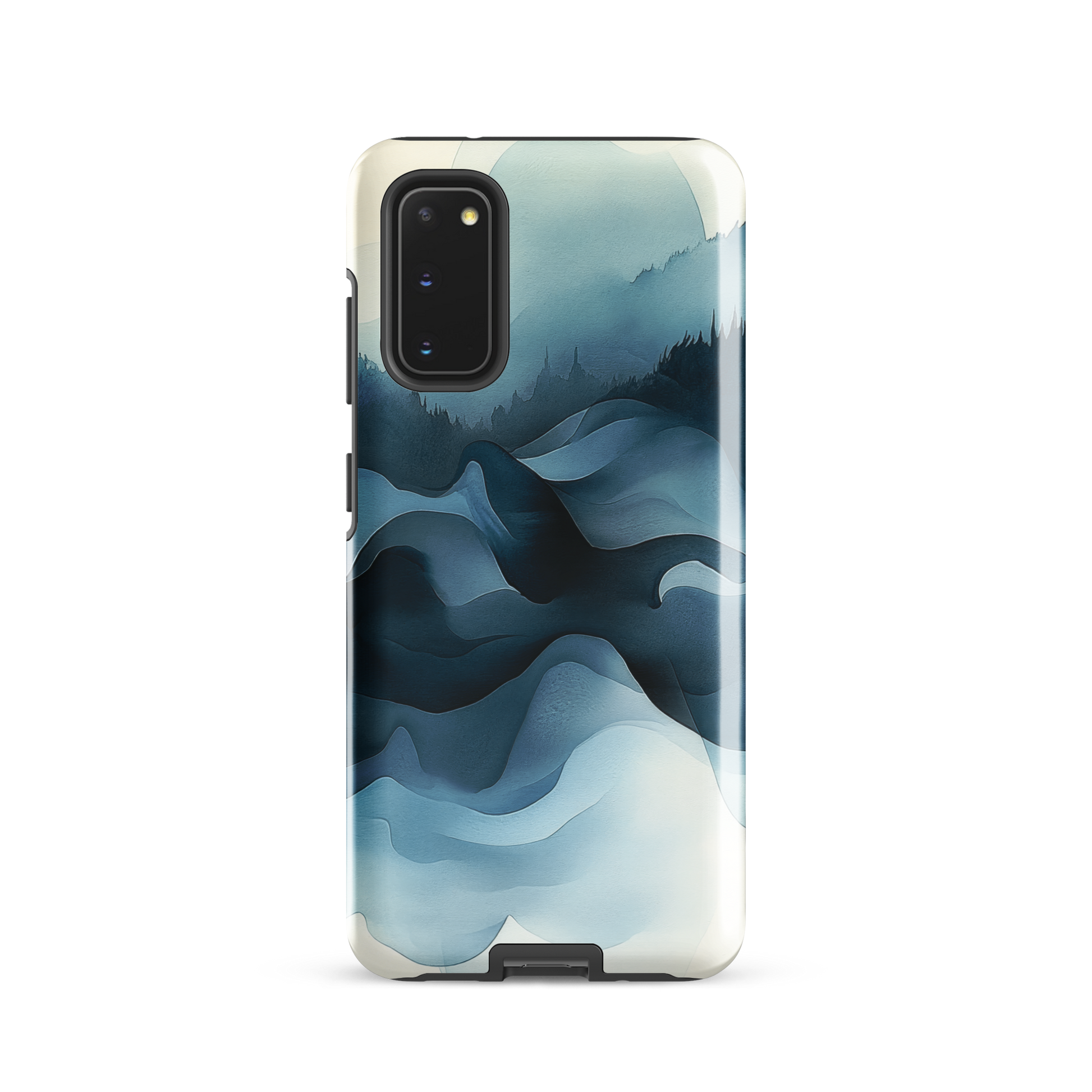 A calming abstract landscape phone case inspired by quiet valleys and soft blue tones.