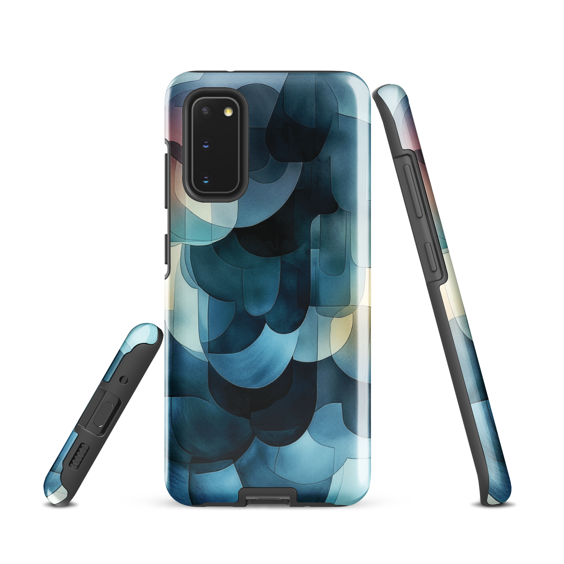 A modern abstract phone case featuring layered blue forms and soft flowing shapes.