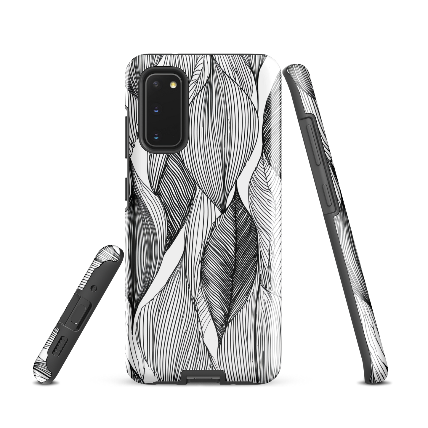 A minimalist phone case featuring fine black botanical linework in a repeating leaf pattern.