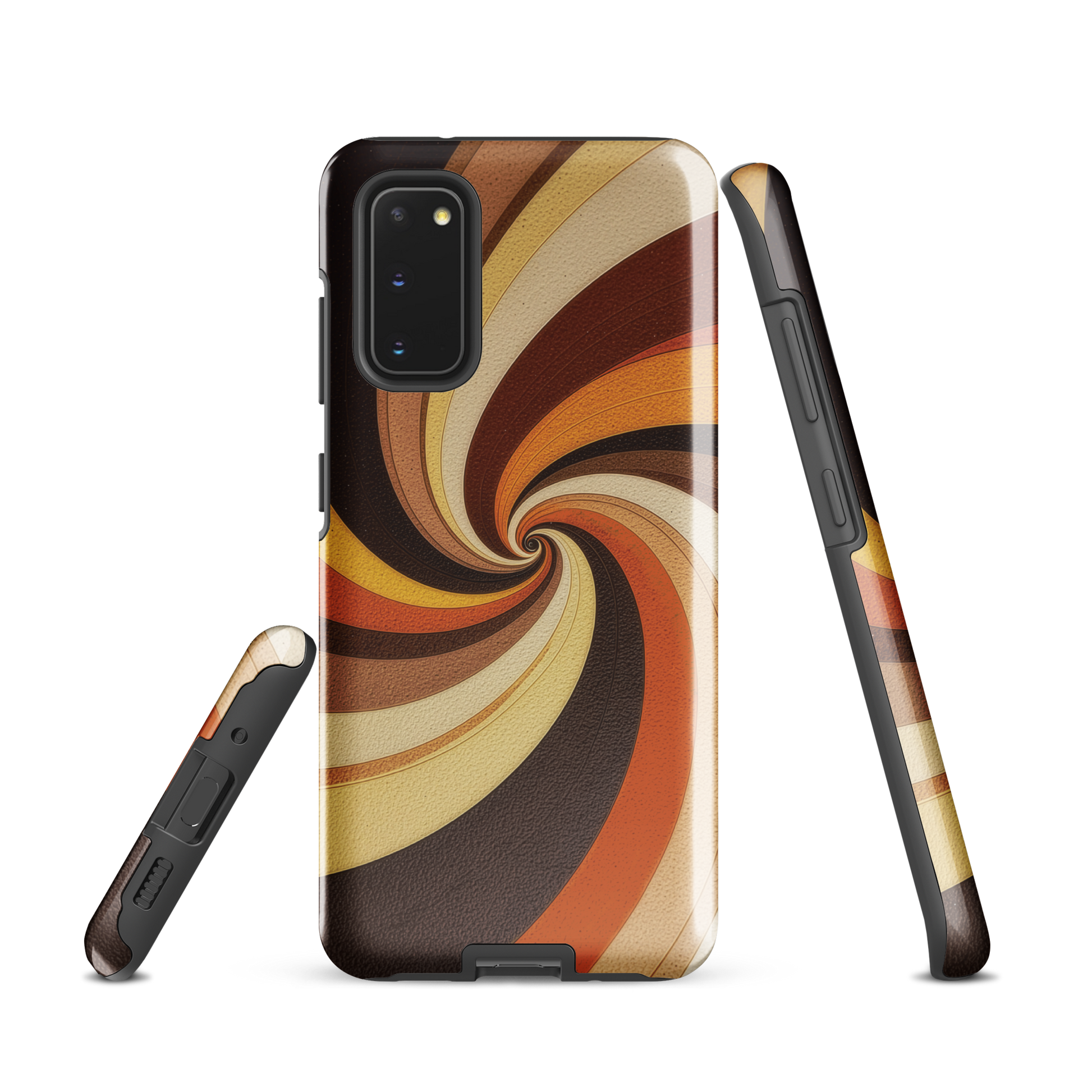 A retro-inspired phone case featuring warm swirling patterns in orange, yellow, and brown tones.