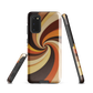 A retro-inspired phone case featuring warm swirling patterns in orange, yellow, and brown tones.
