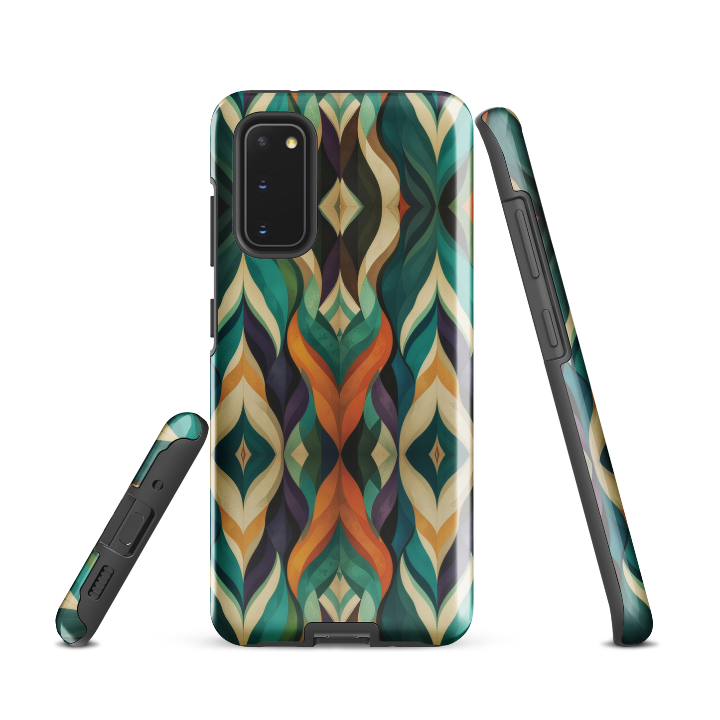 A bold geometric phone case featuring layered shapes in rich, earthy tones.