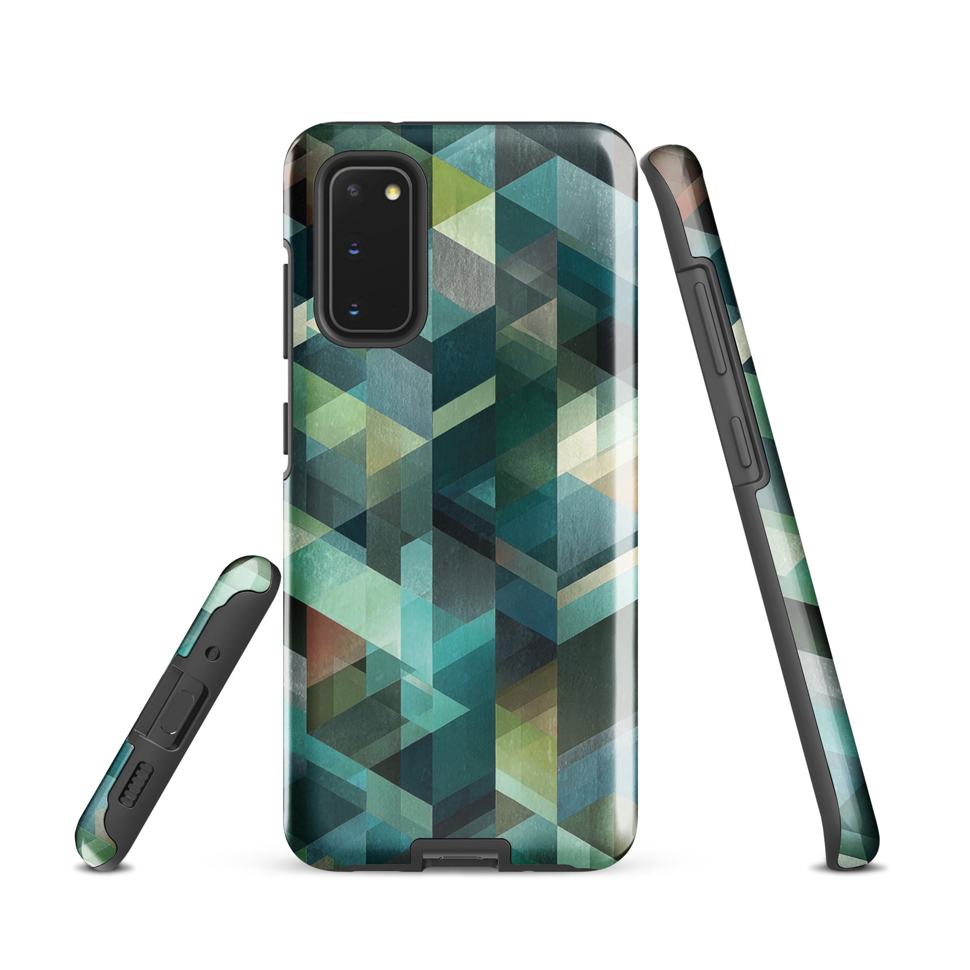 Modern abstract geometric phone case in teal and blue tones with layered retro-inspired shapes.