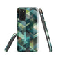 Modern abstract geometric phone case in teal and blue tones with layered retro-inspired shapes.