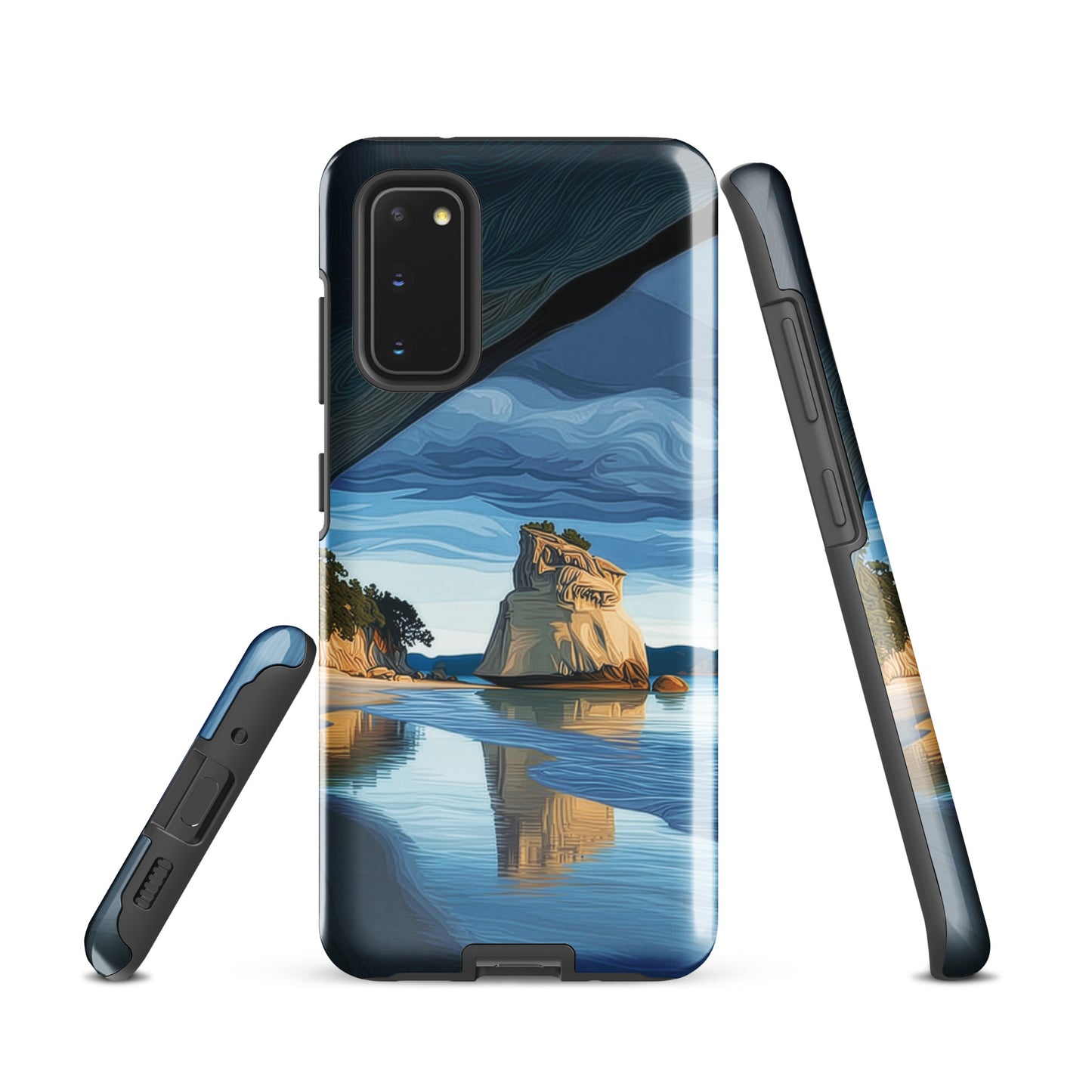 Artistic Cathedral Cove coastal designer phone case with arch rock, blue ocean and golden cliffs