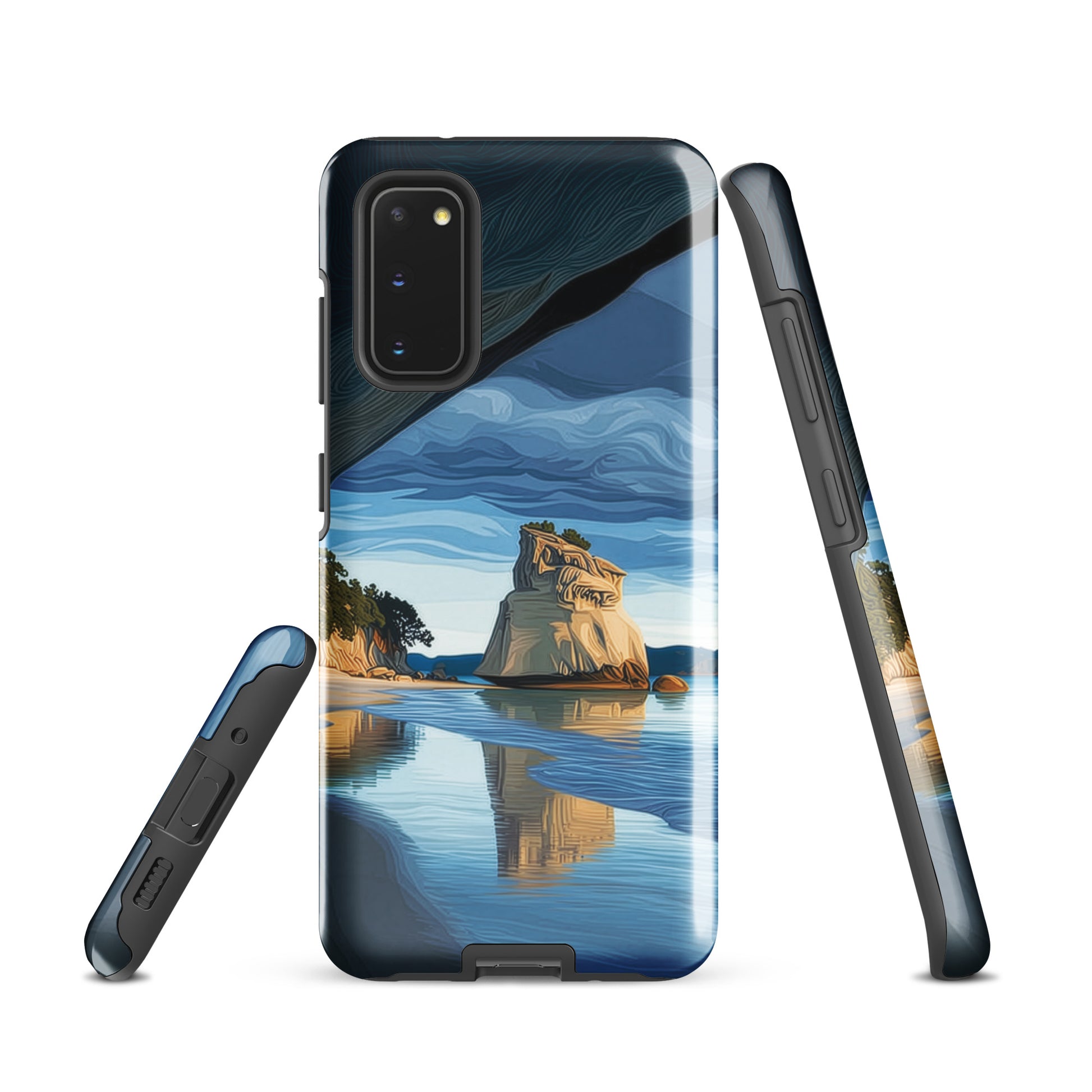 Artistic Cathedral Cove coastal designer phone case with arch rock, blue ocean and golden cliffs