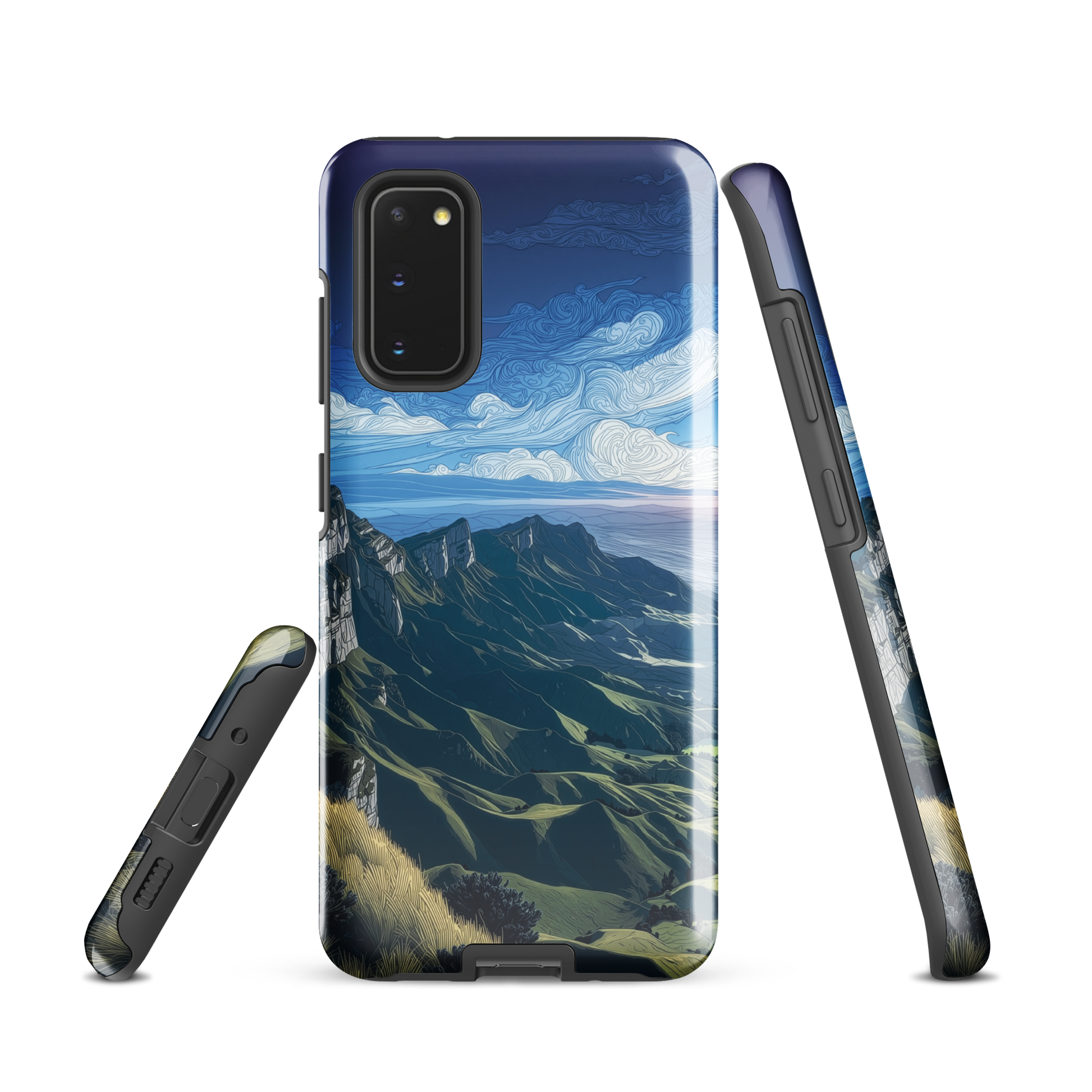 Te Mata Peak designer phone case with Hawke’s Bay cliffs, rolling green hills and dramatic swirling sky