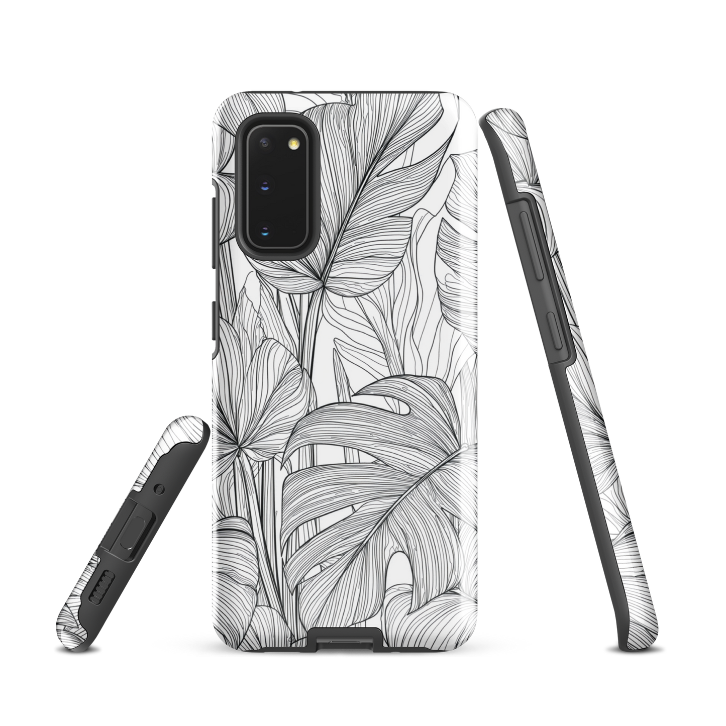 Minimal black and white tropical leaf designer phone case with detailed botanical line art