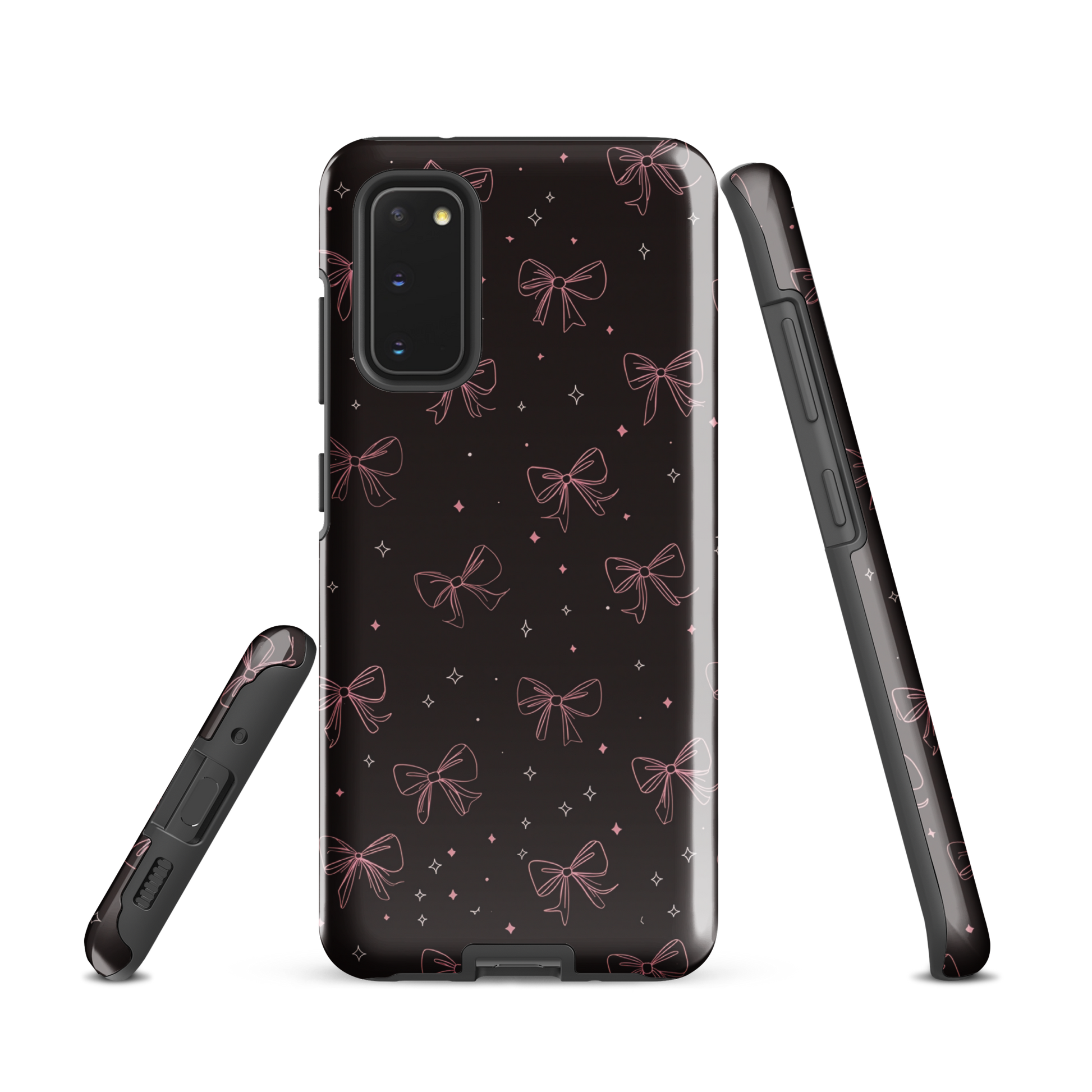 Midnight Bow seamless repeat pattern — pink hand-drawn ribbon bows and sparkle stars on a black background