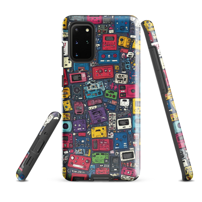 'Arcade' Samsung case, featuring a vibrant collage of hand-drawn controllers in bold, vintage-inspired colours. From electric blue and hot pink to classic black and yellow