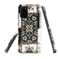 Moroccan tile pattern phone case in black, white, and gold tones with vintage-inspired design.
