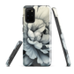 Black and white floral phone case featuring a soft, moody peony design by New Zealand artist Ben Hart.