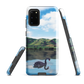 Phone case with a black swan on a calm lake, New Zealand hills in the background. Art by NZ designer Ben Hart.