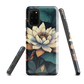 Phone case with ivory water lily, green leaves, and butterfly accents on dark background