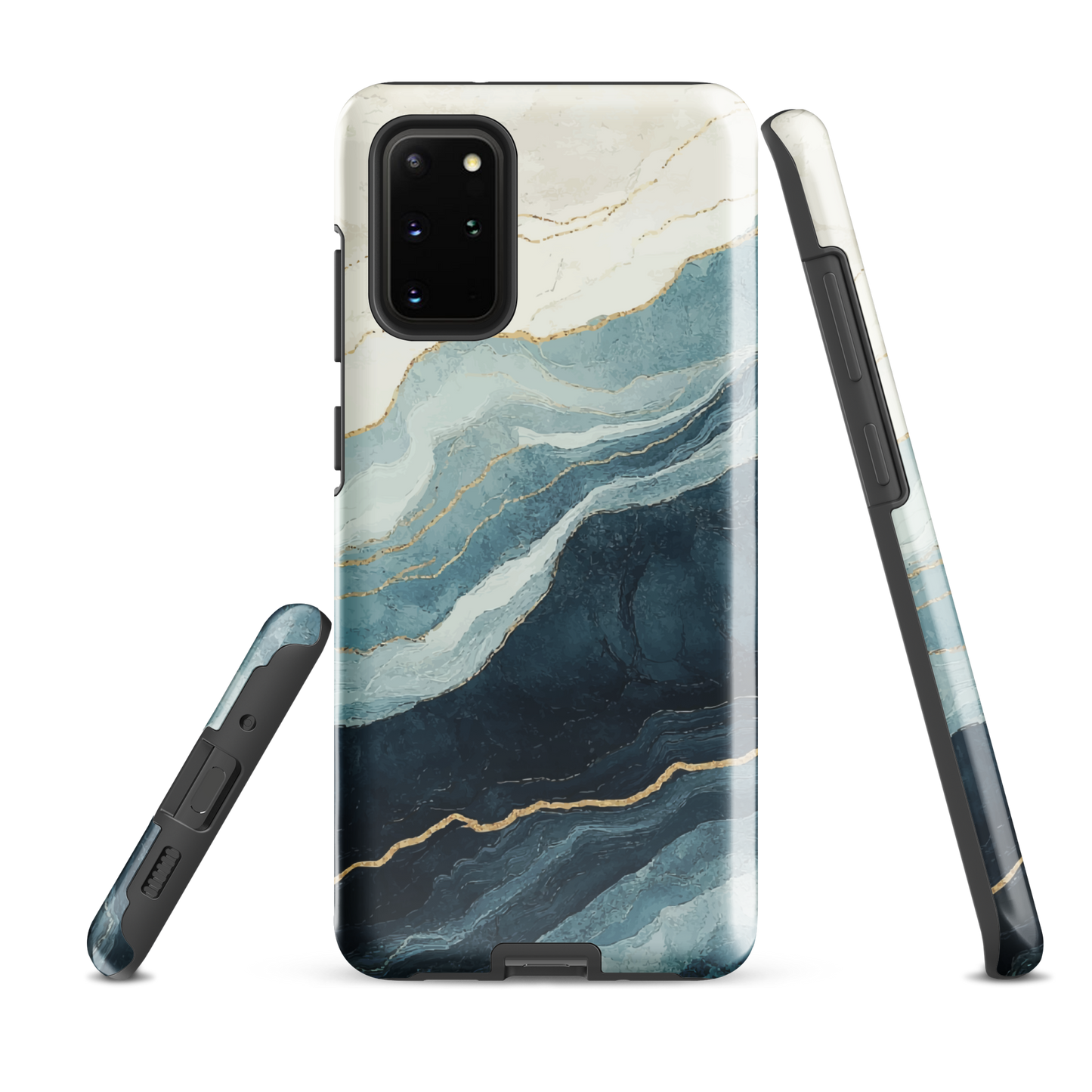 An elegant abstract phone case inspired by layered coastal forms in blue and teal tones.