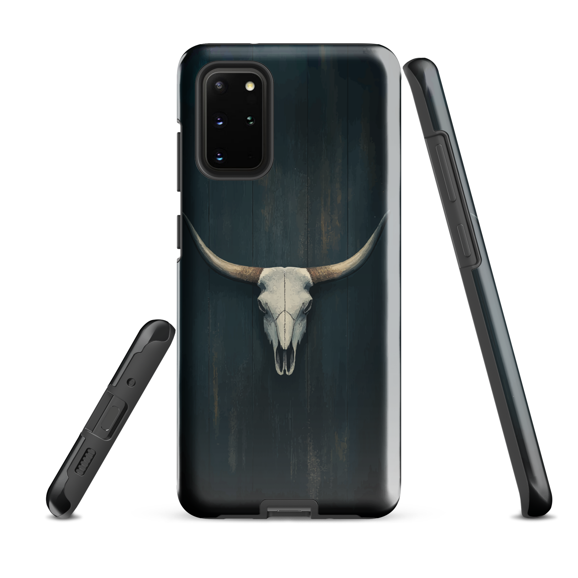 Longhorn skull set against a dark, textured backdrop - protective phone case.