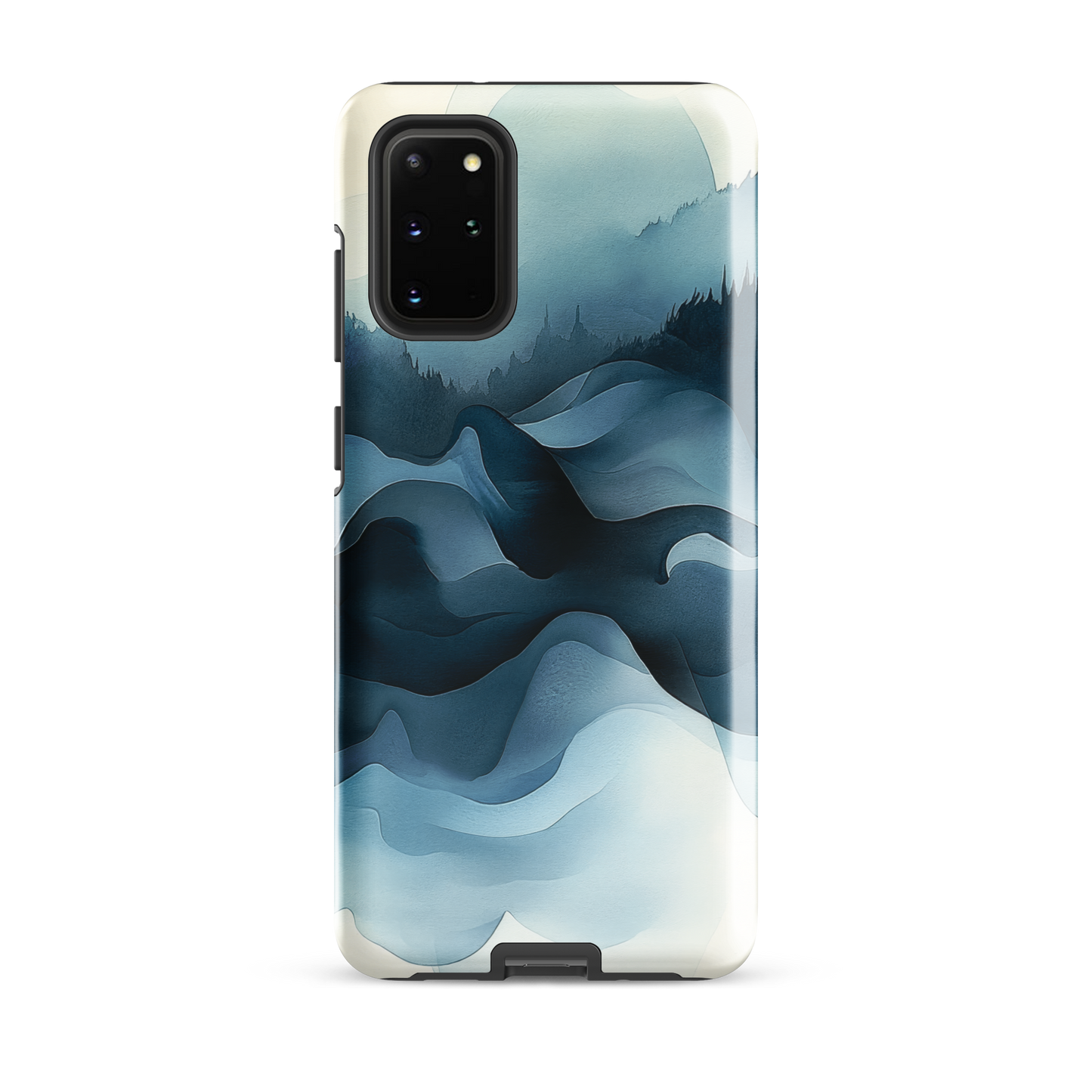 A calming abstract landscape phone case inspired by quiet valleys and soft blue tones.