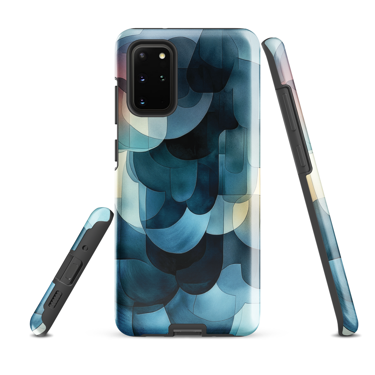 A modern abstract phone case featuring layered blue forms and soft flowing shapes.