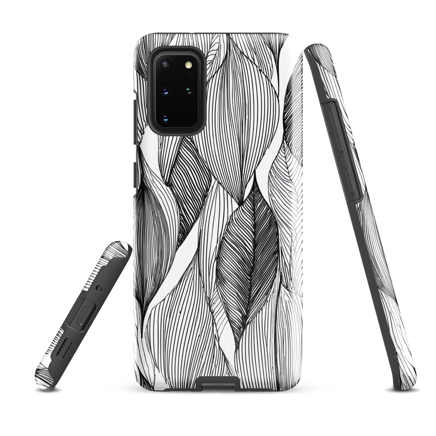 A minimalist phone case featuring fine black botanical linework in a repeating leaf pattern.