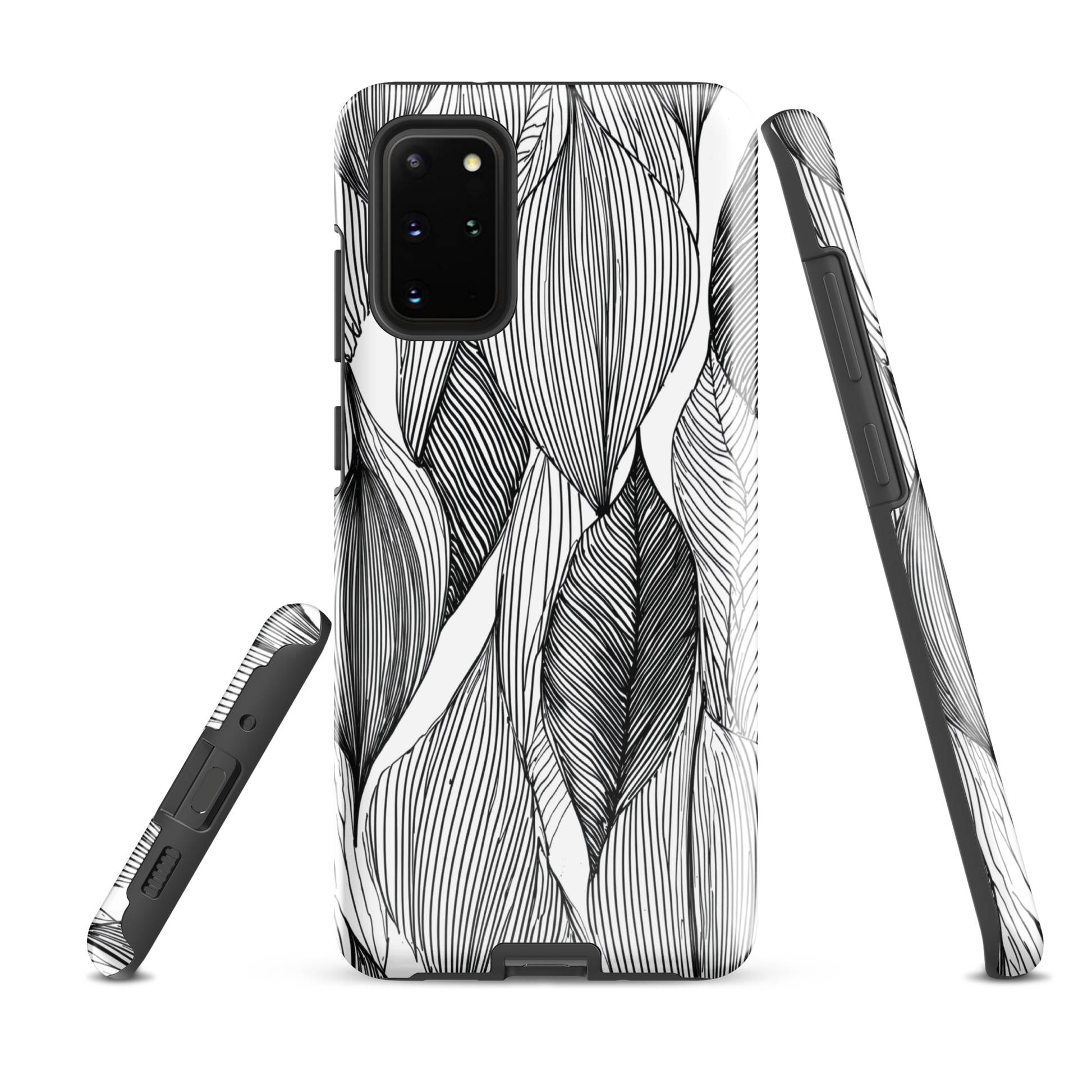 A minimalist phone case featuring fine black botanical linework in a repeating leaf pattern.