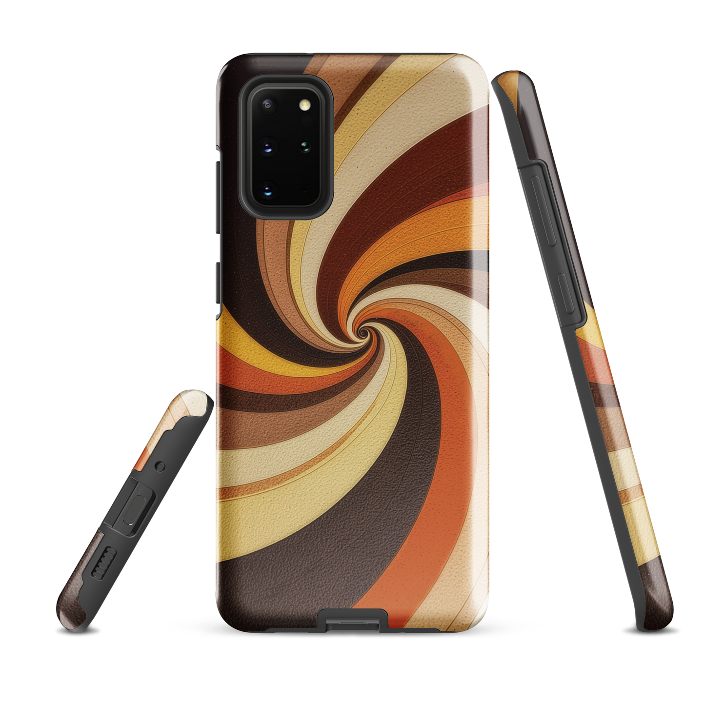 A retro-inspired phone case featuring warm swirling patterns in orange, yellow, and brown tones.