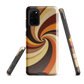 A retro-inspired phone case featuring warm swirling patterns in orange, yellow, and brown tones.