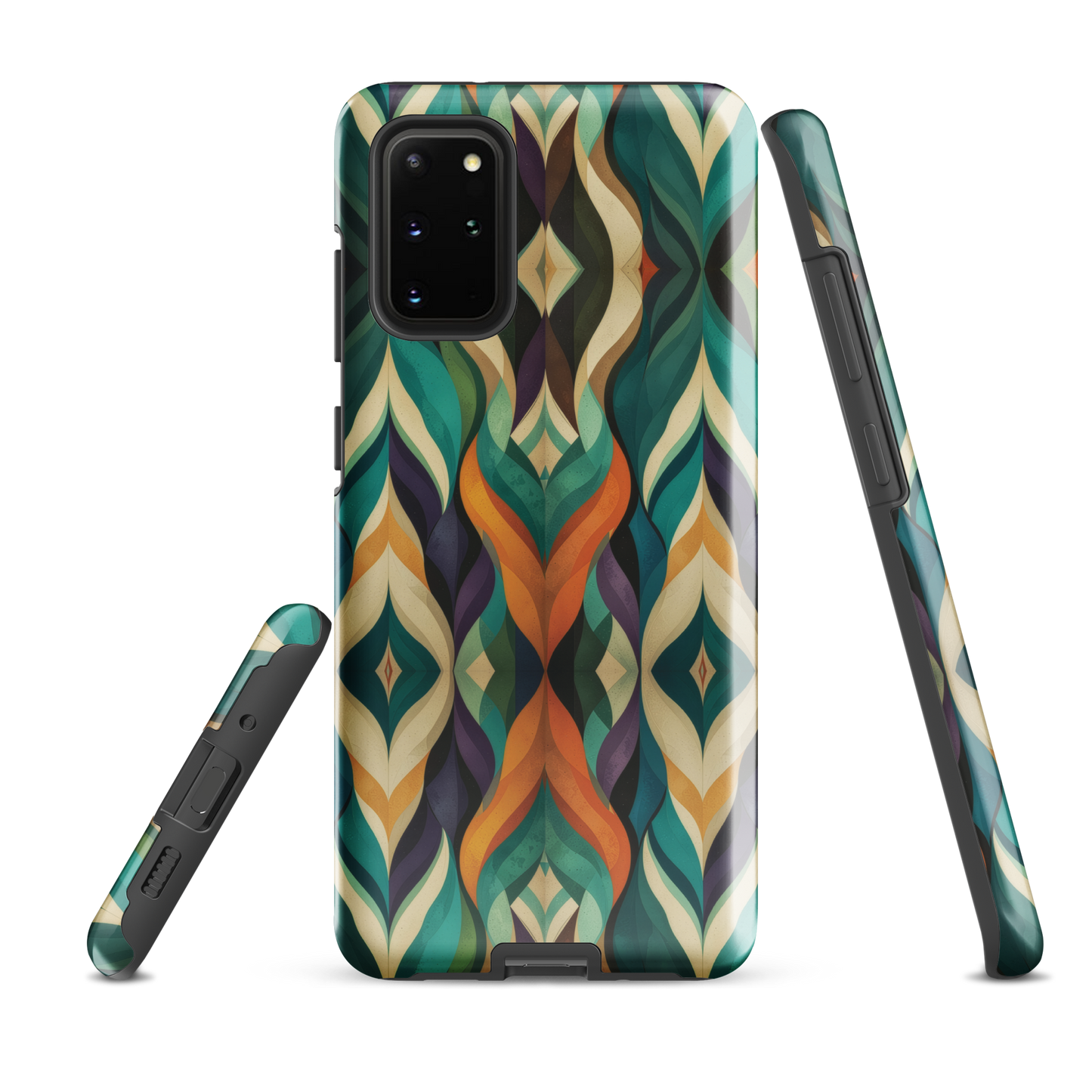 A bold geometric phone case featuring layered shapes in rich, earthy tones.