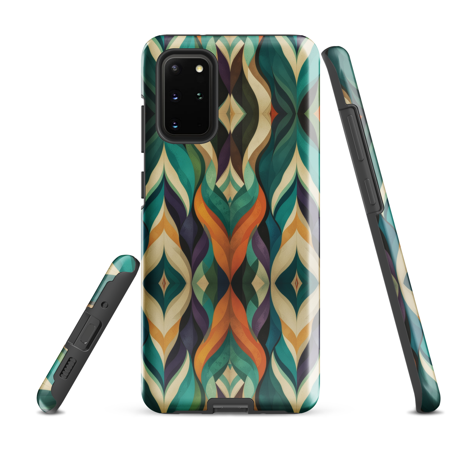 A bold geometric phone case featuring layered shapes in rich, earthy tones.