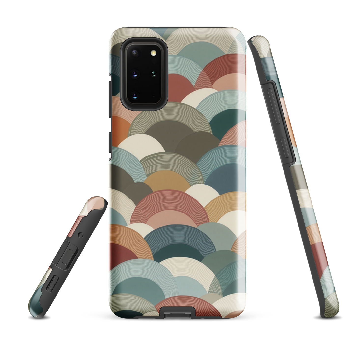 A soft retro-inspired phone case featuring layered arc shapes in warm, earthy tones.