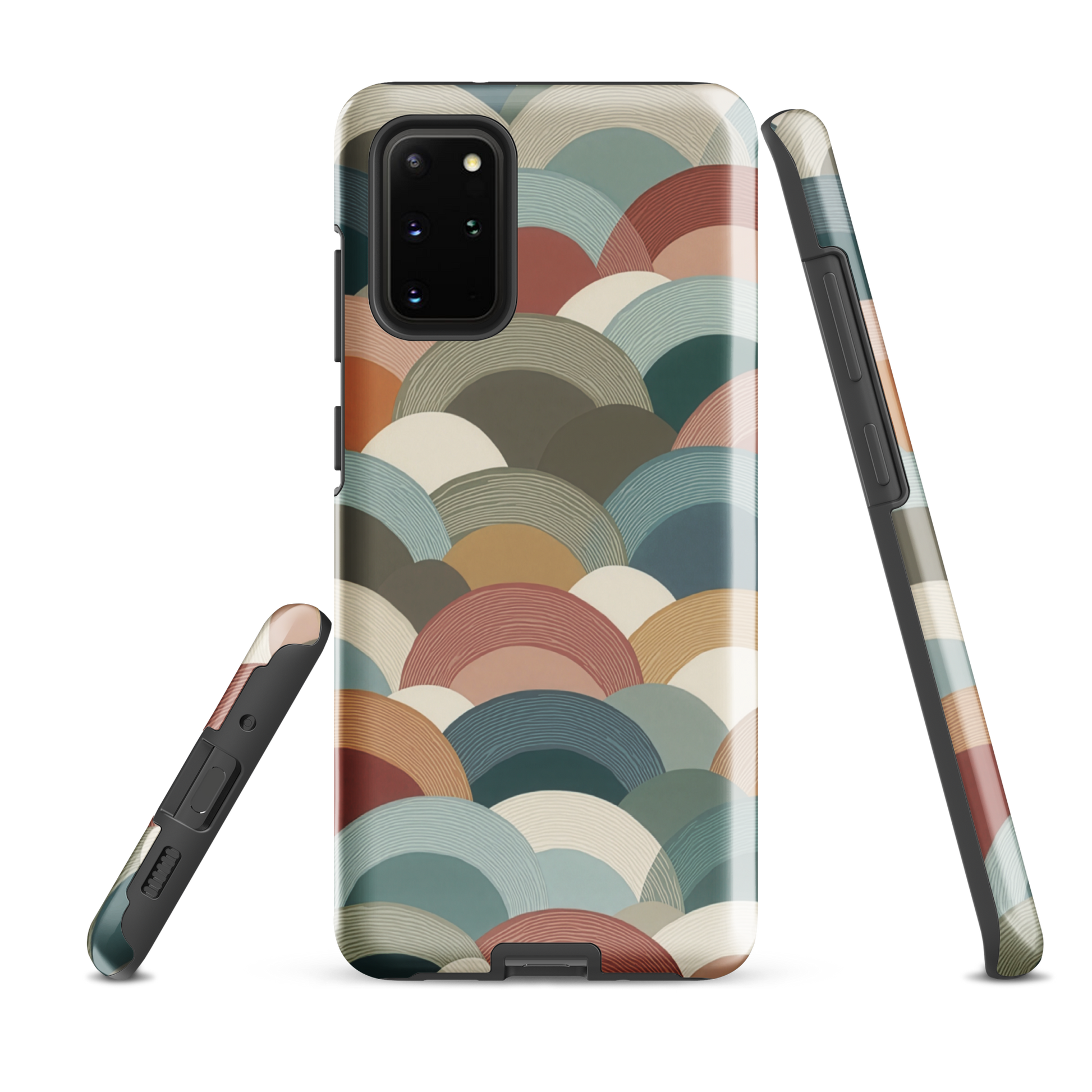 A soft retro-inspired phone case featuring layered arc shapes in warm, earthy tones.