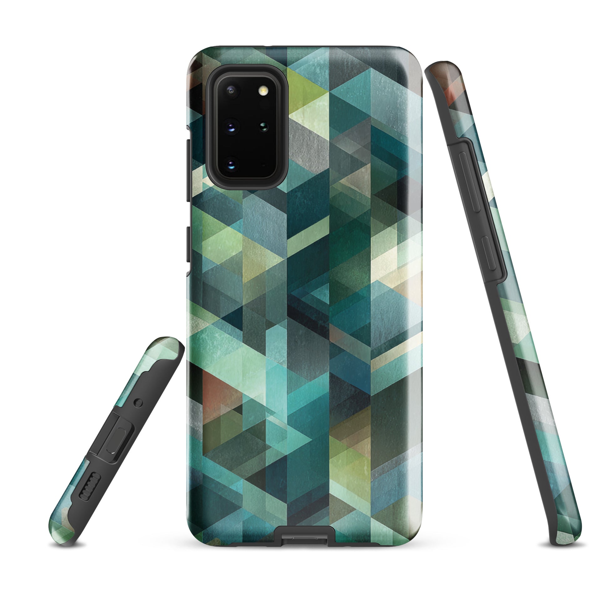 Modern abstract geometric phone case in teal and blue tones with layered retro-inspired shapes.