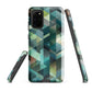 Modern abstract geometric phone case in teal and blue tones with layered retro-inspired shapes.