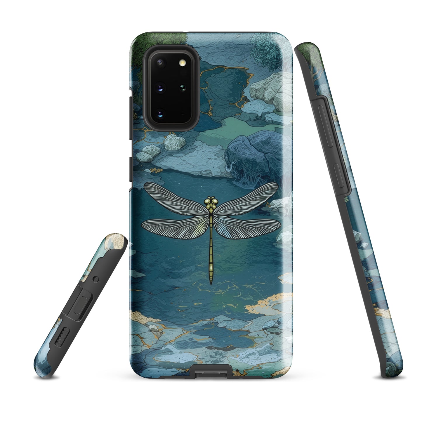 Nature-inspired phone case featuring a dragonfly over calm water with blue and green forest tones.