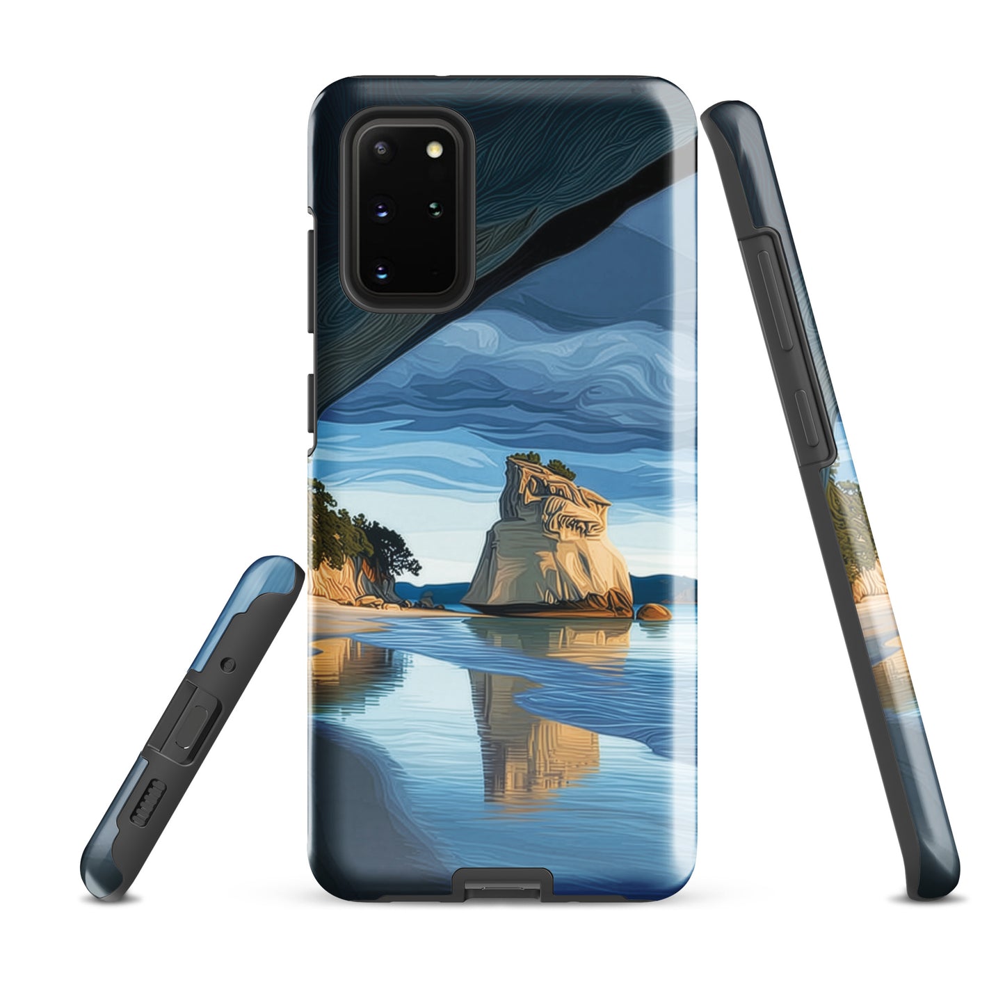 Artistic Cathedral Cove coastal designer phone case with arch rock, blue ocean and golden cliffs