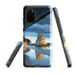 Artistic Cathedral Cove coastal designer phone case with arch rock, blue ocean and golden cliffs
