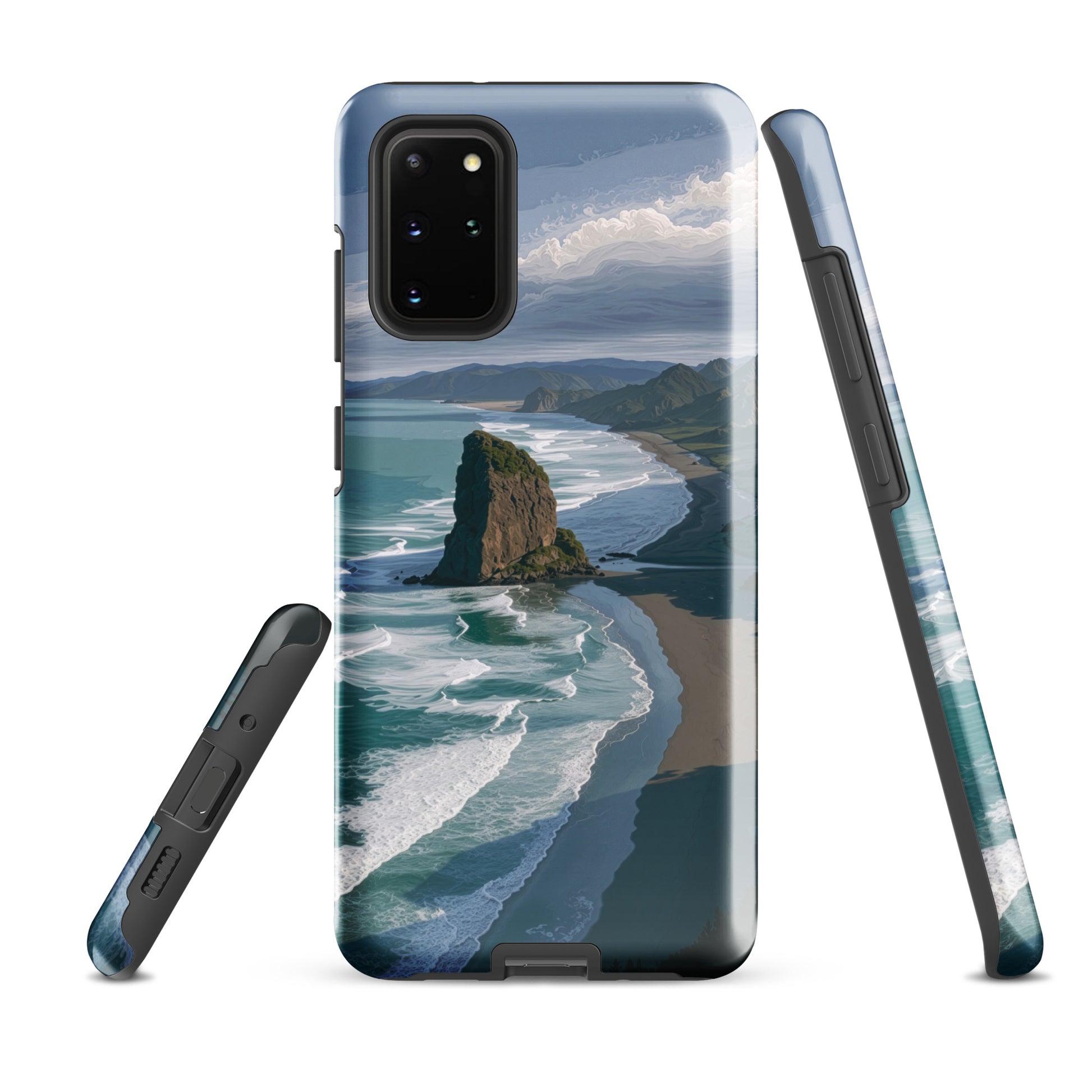 Piha Beach Lion Rock designer phone case with turquoise waves and dramatic NZ coastline