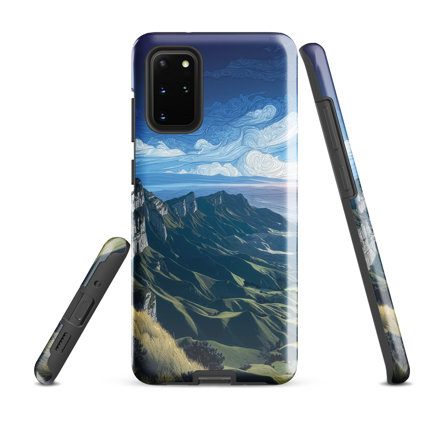 Te Mata Peak designer phone case with Hawke’s Bay cliffs, rolling green hills and dramatic swirling sky