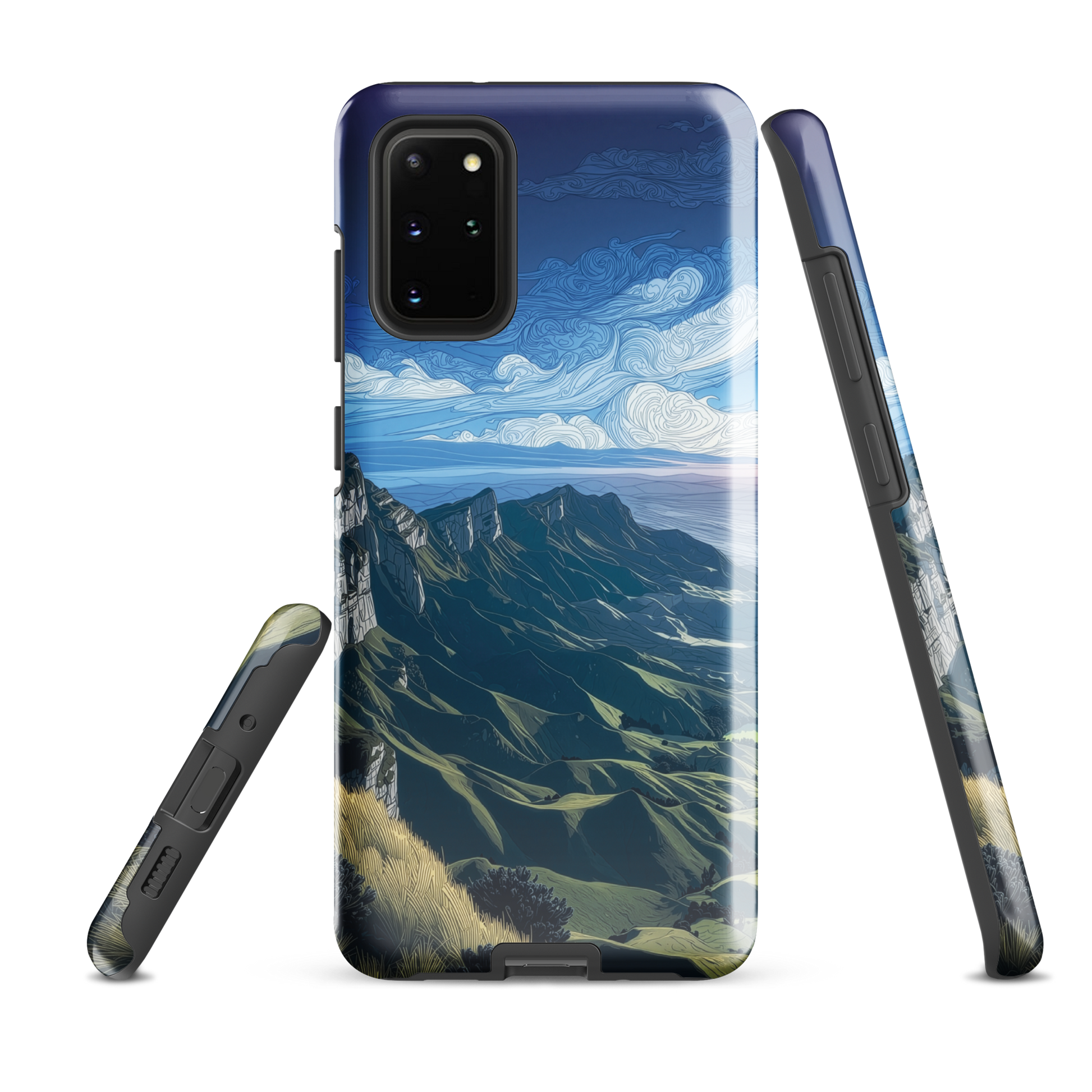 Te Mata Peak designer phone case with Hawke’s Bay cliffs, rolling green hills and dramatic swirling sky