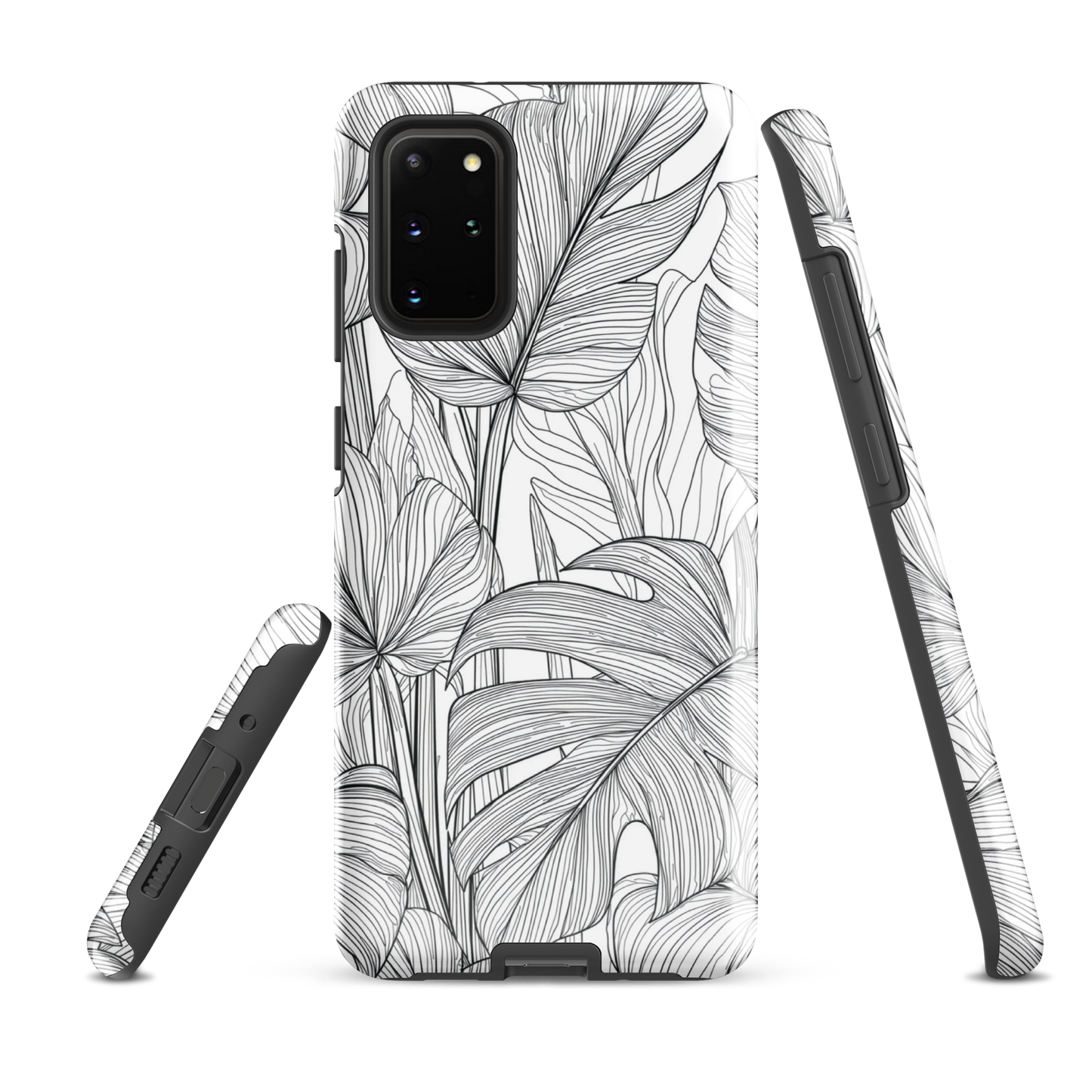 Minimal black and white tropical leaf designer phone case with detailed botanical line art