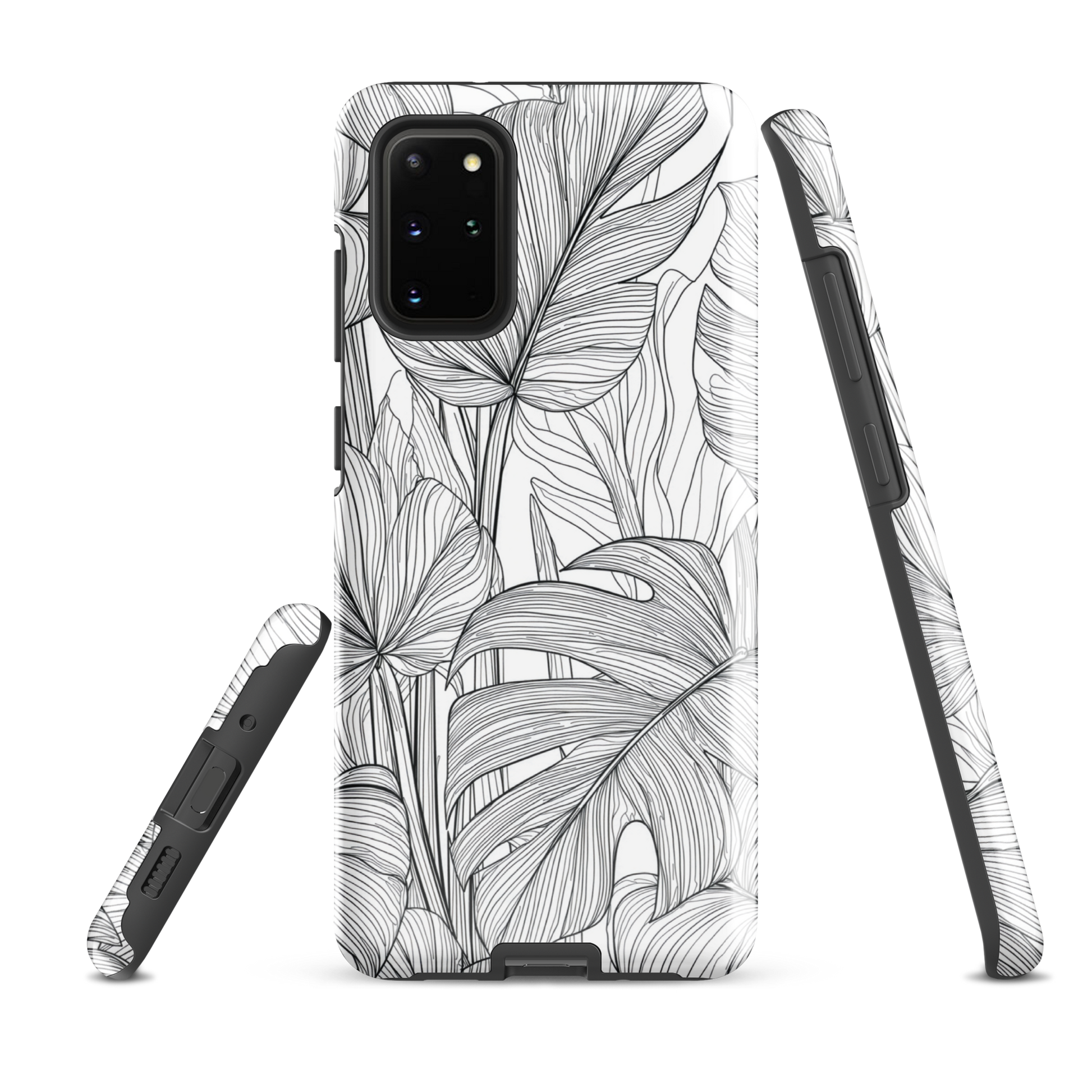 Minimal black and white tropical leaf designer phone case with detailed botanical line art